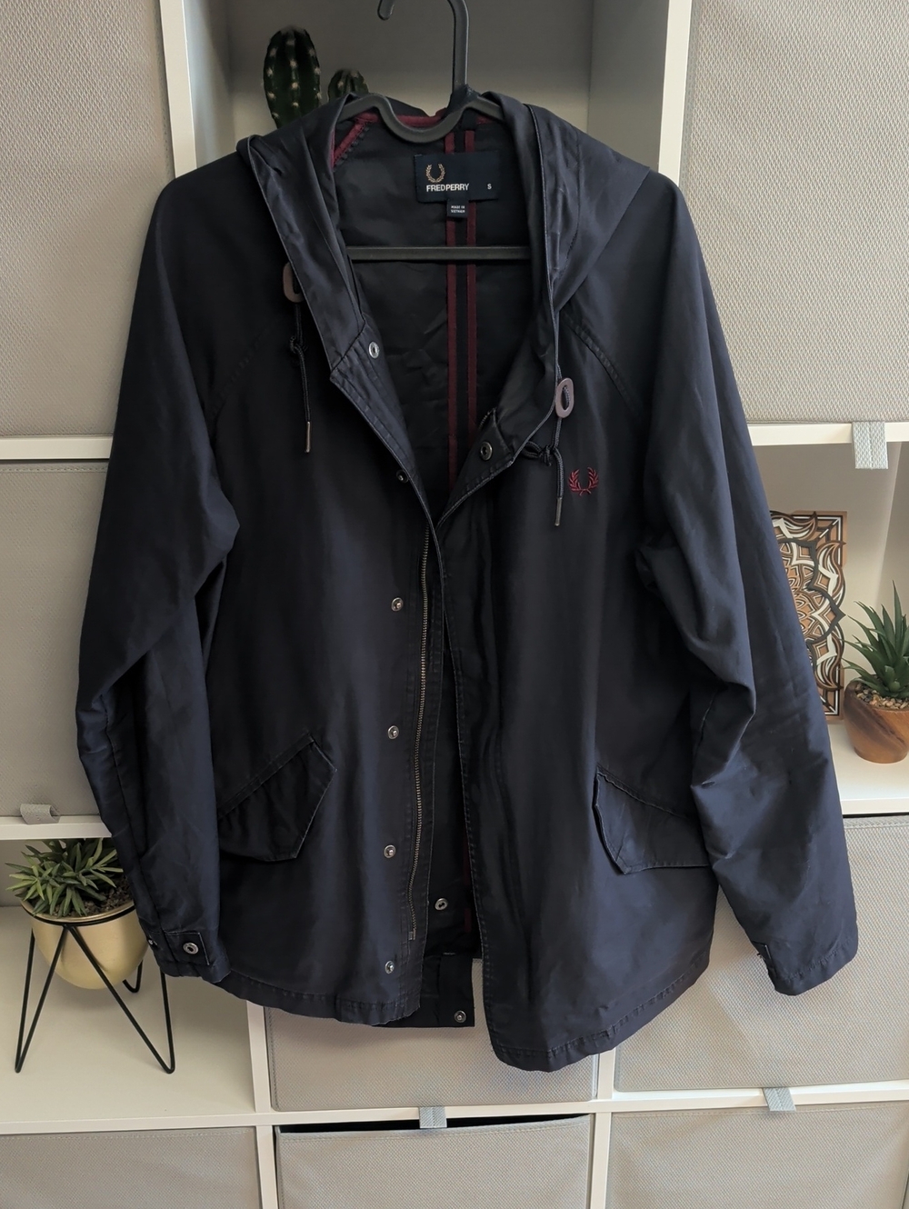 Fred Perry Navy Hooded Shirt Jacket with Maroon Trim